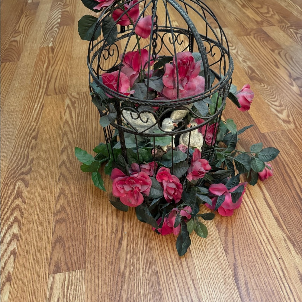 Decorative Black Metal Birdcage with Pink Floral Garland